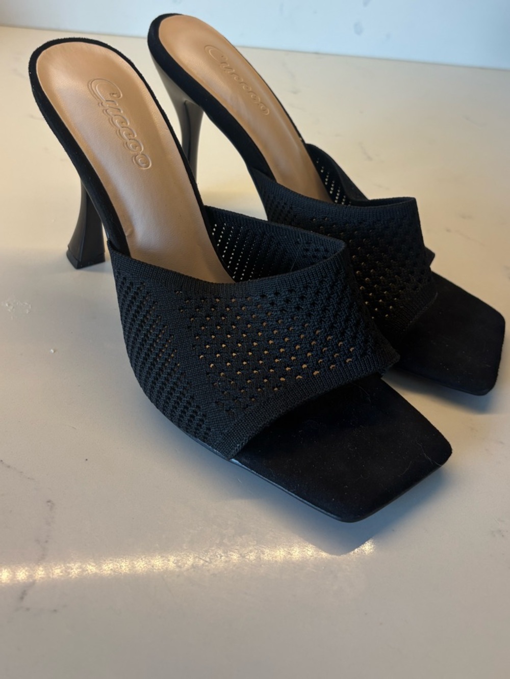 Slip-On Black Knit Square-Toe Mule Heels